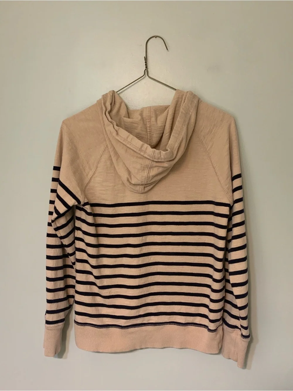 J. Crew — 100% cotton natural fiber tan and navy striped lightweight hoodie